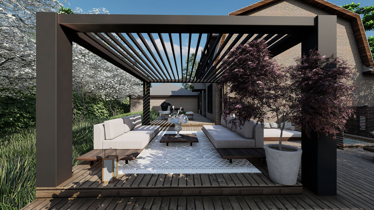 modern pergola design with outdoor lounge area design
